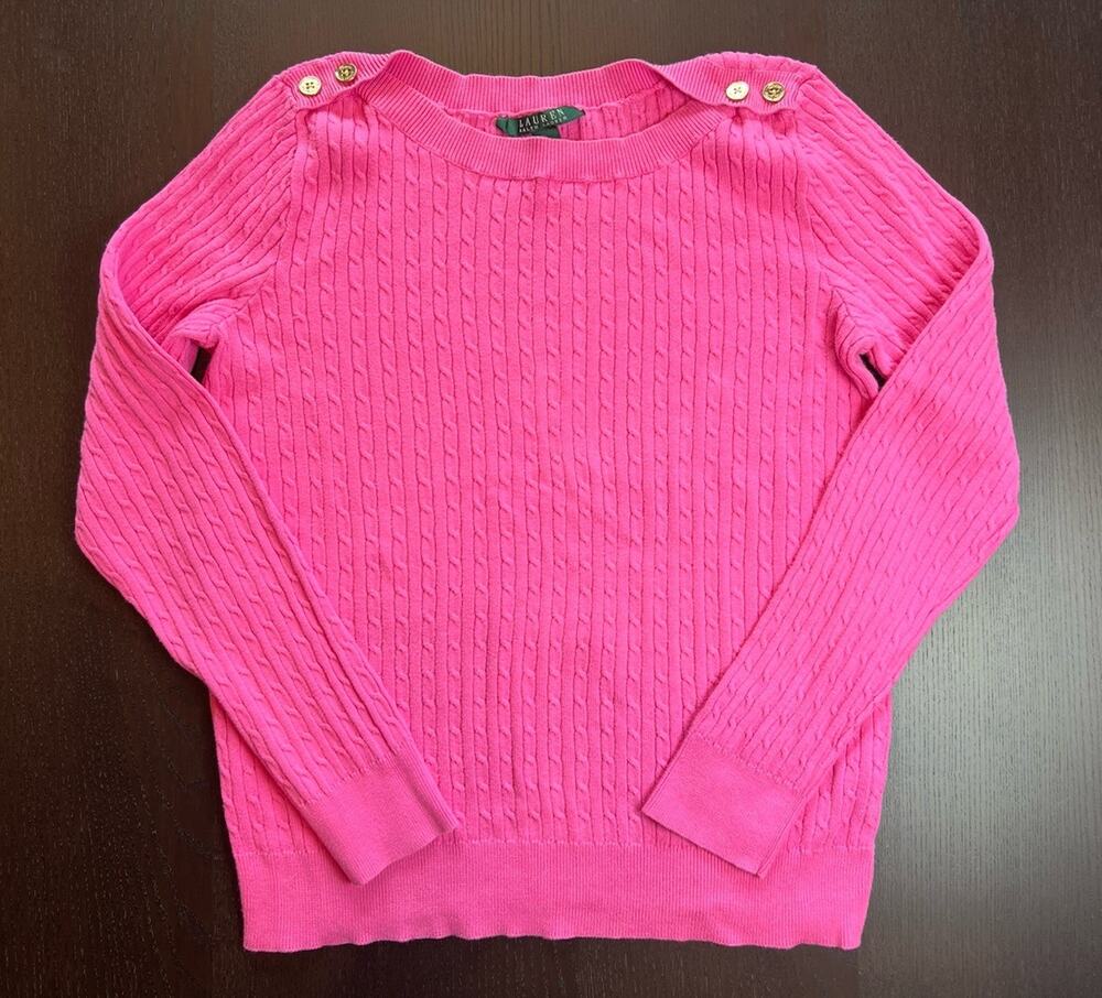 Lauren Ralph Lauren Pink Cable Knit Boat Neck Sweater Women’s Size Large Preppy